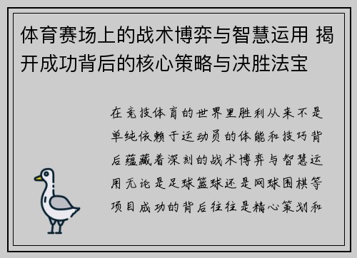 体育赛场上的战术博弈与智慧运用 揭开成功背后的核心策略与决胜法宝