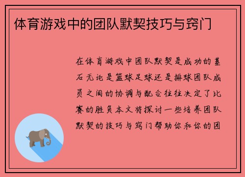 体育游戏中的团队默契技巧与窍门